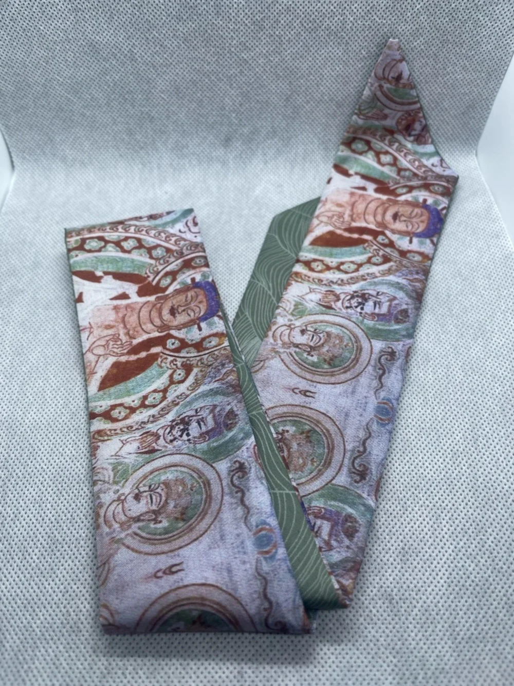 Silk Scarf Ribbon with Botanical Green & Multi Artwork